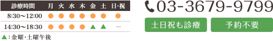 時間8:30-12:00、14:30-18:30 金曜日のみ14:00-17:00　TEL.03-3679-9799　土日祝も診療　予約不要